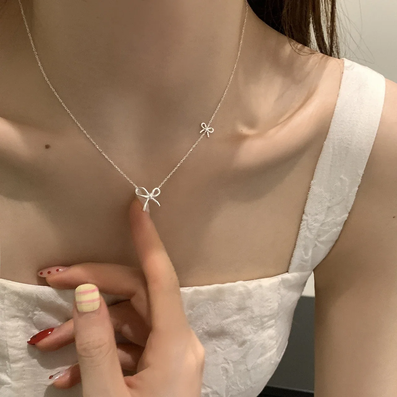 Delicate 925 Sterling Silver Double Bow Link Necklace