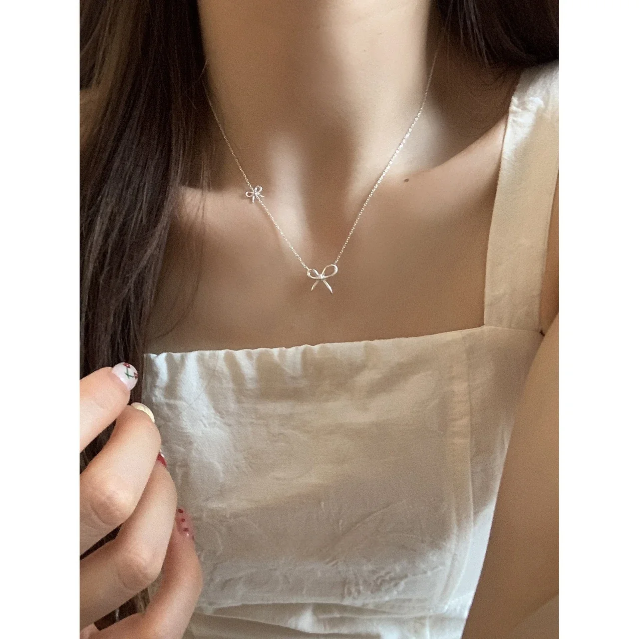 Delicate 925 Sterling Silver Double Bow Link Necklace