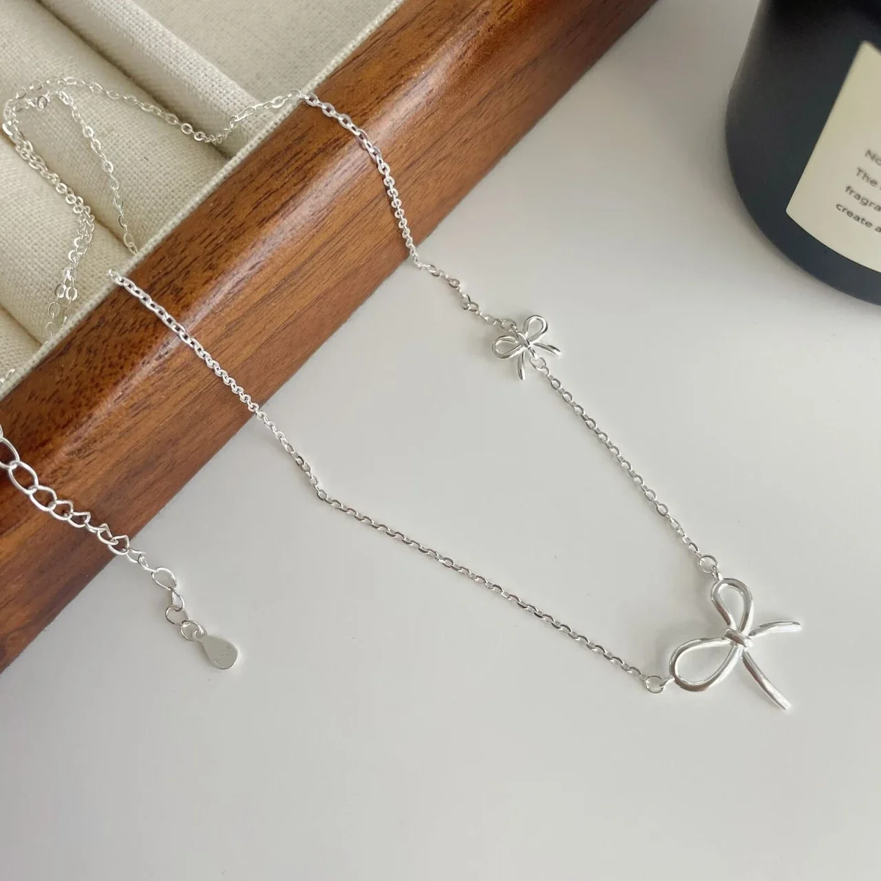 Delicate 925 Sterling Silver Double Bow Link Necklace