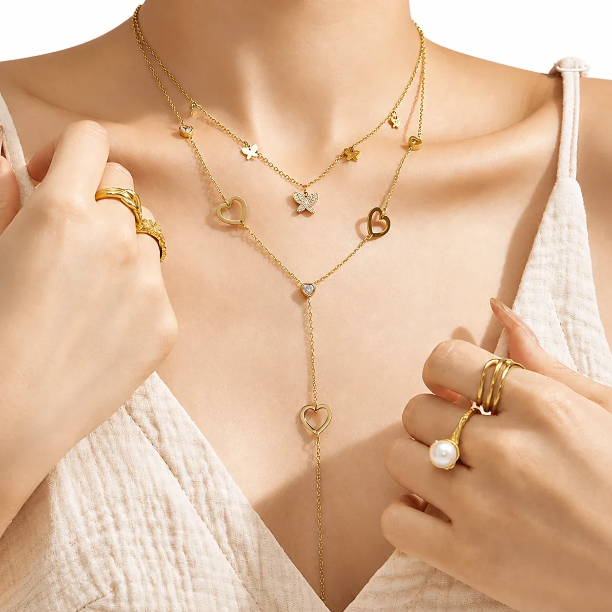 Delicate Heart CZ Y-Drop Stainless Steel Necklace