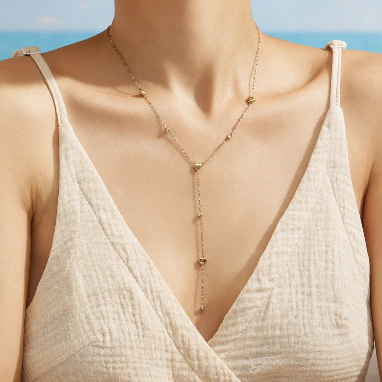 Delicate Heart CZ Y-Drop Stainless Steel Necklace