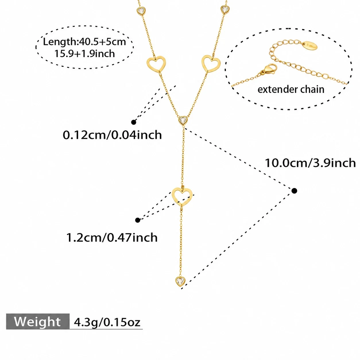 Delicate Heart CZ Y-Drop Stainless Steel Necklace - Gold Open Heart CZ Y-Drop 40.5+5 cm