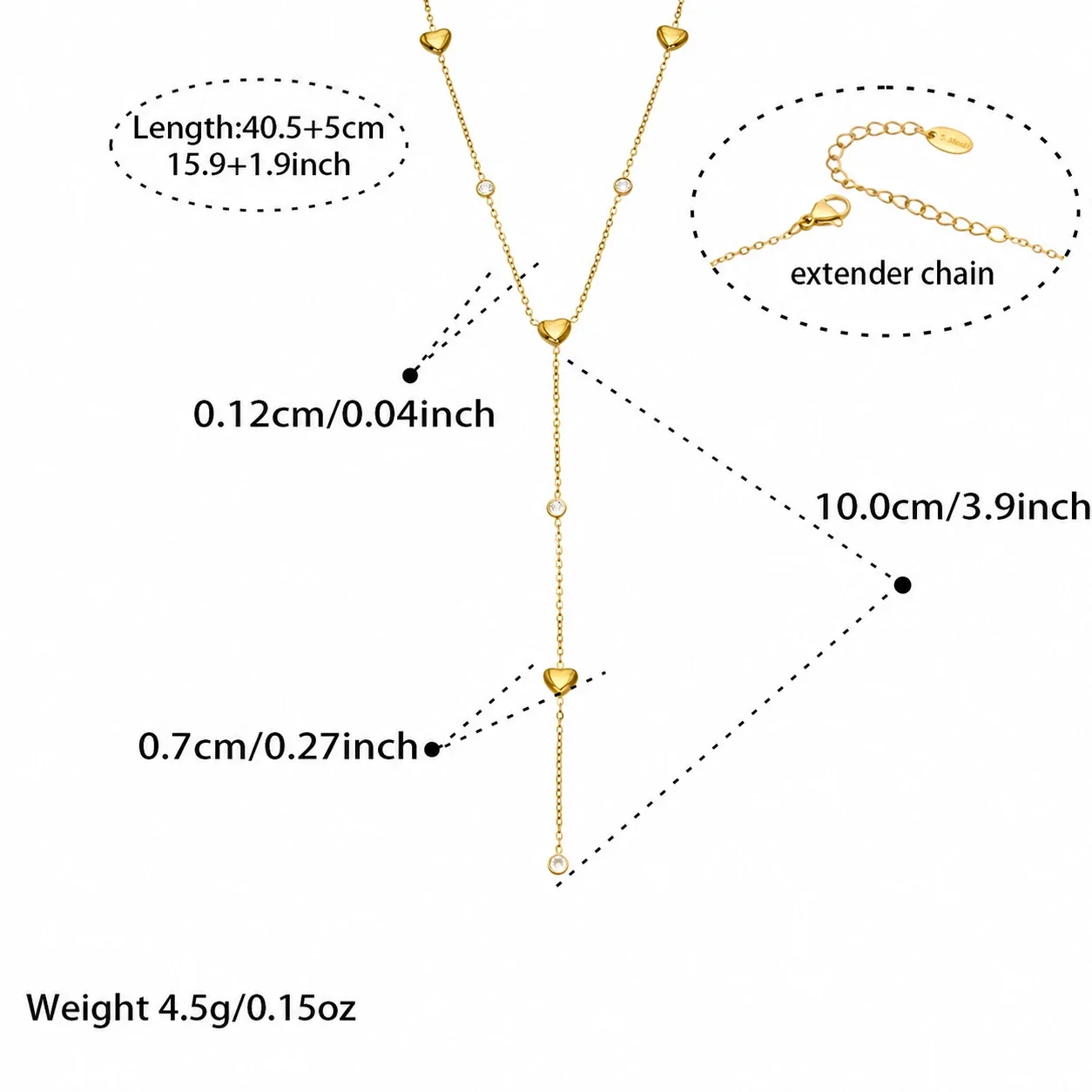 Delicate Heart CZ Y-Drop Stainless Steel Necklace - Gold Smooth Heart CZ Y-Drop 40.5+5 cm