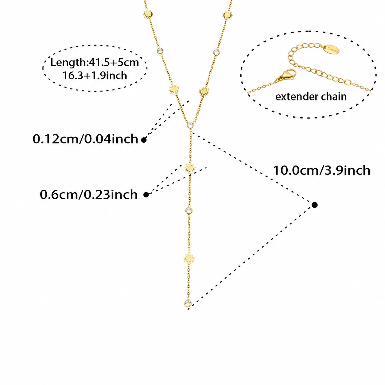 Delicate Heart CZ Y-Drop Stainless Steel Necklace - Gold Sunburst CZ Y-Drop 41.5+5 cm