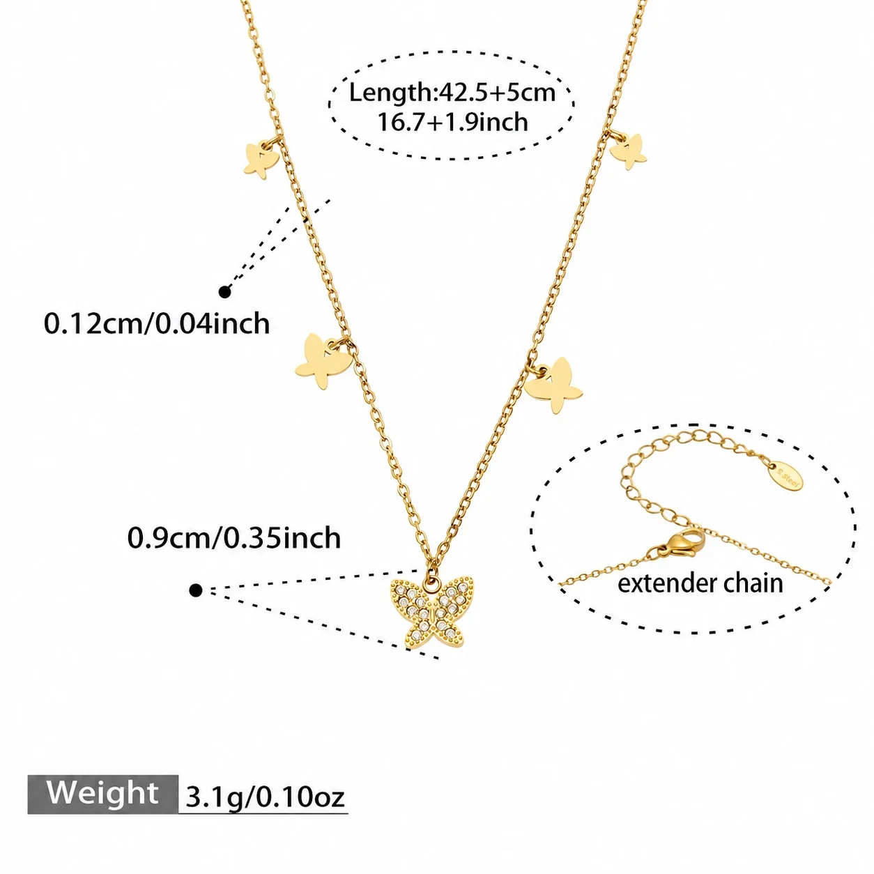 Delicate Heart CZ Y-Drop Stainless Steel Necklace - Gold Butterfly CZ 42.5+5 cm
