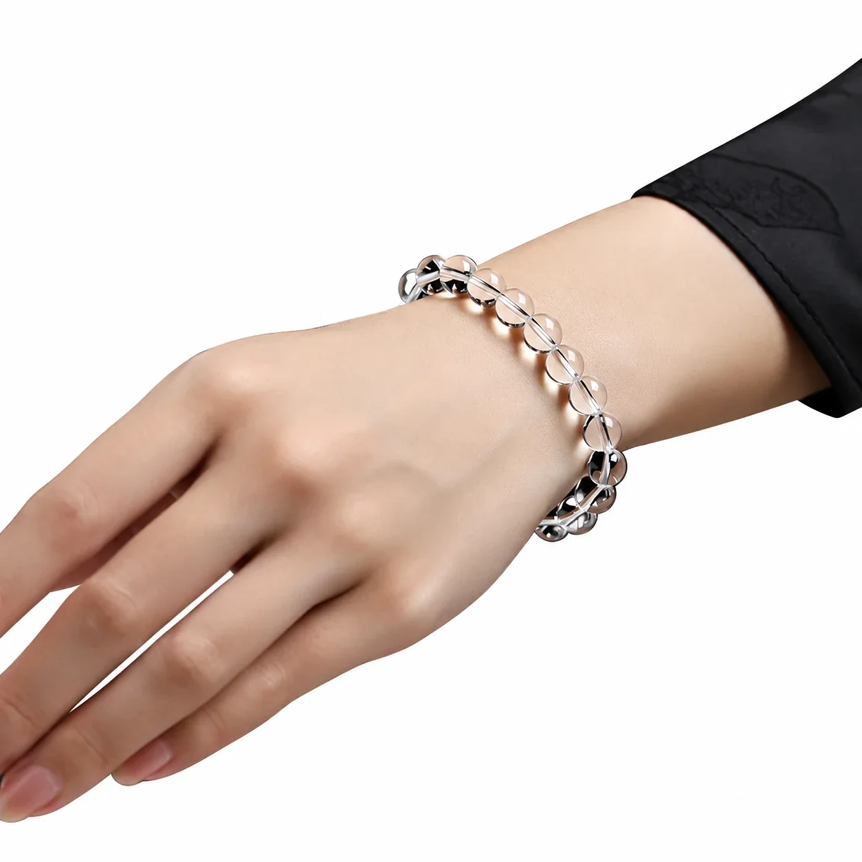 Polished Clear Round-Bead Crystal Stretch Bracelet
