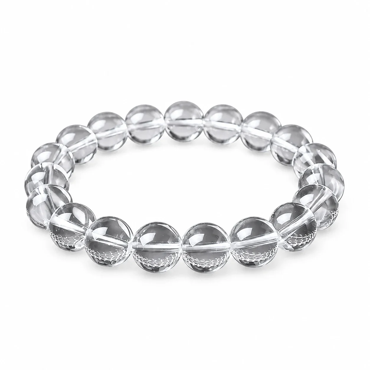 Polished Clear Round-Bead Crystal Stretch Bracelet - 8A Clear Crystal, 10 mm