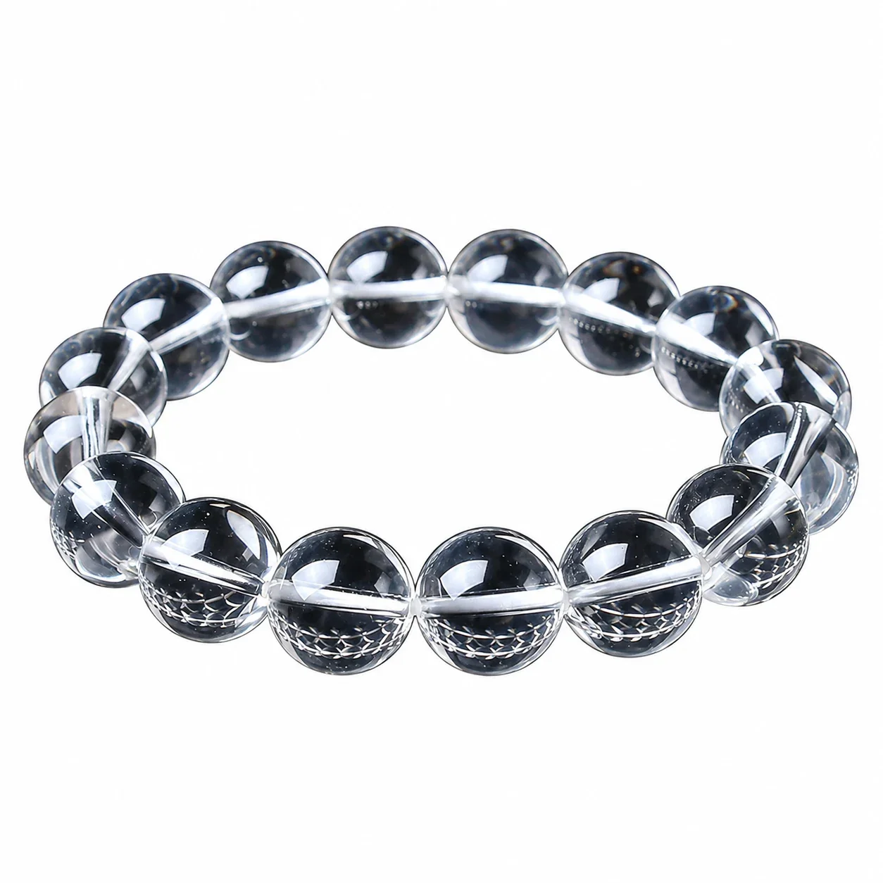 Polished Clear Round-Bead Crystal Stretch Bracelet - 8A Clear Crystal, 12 mm