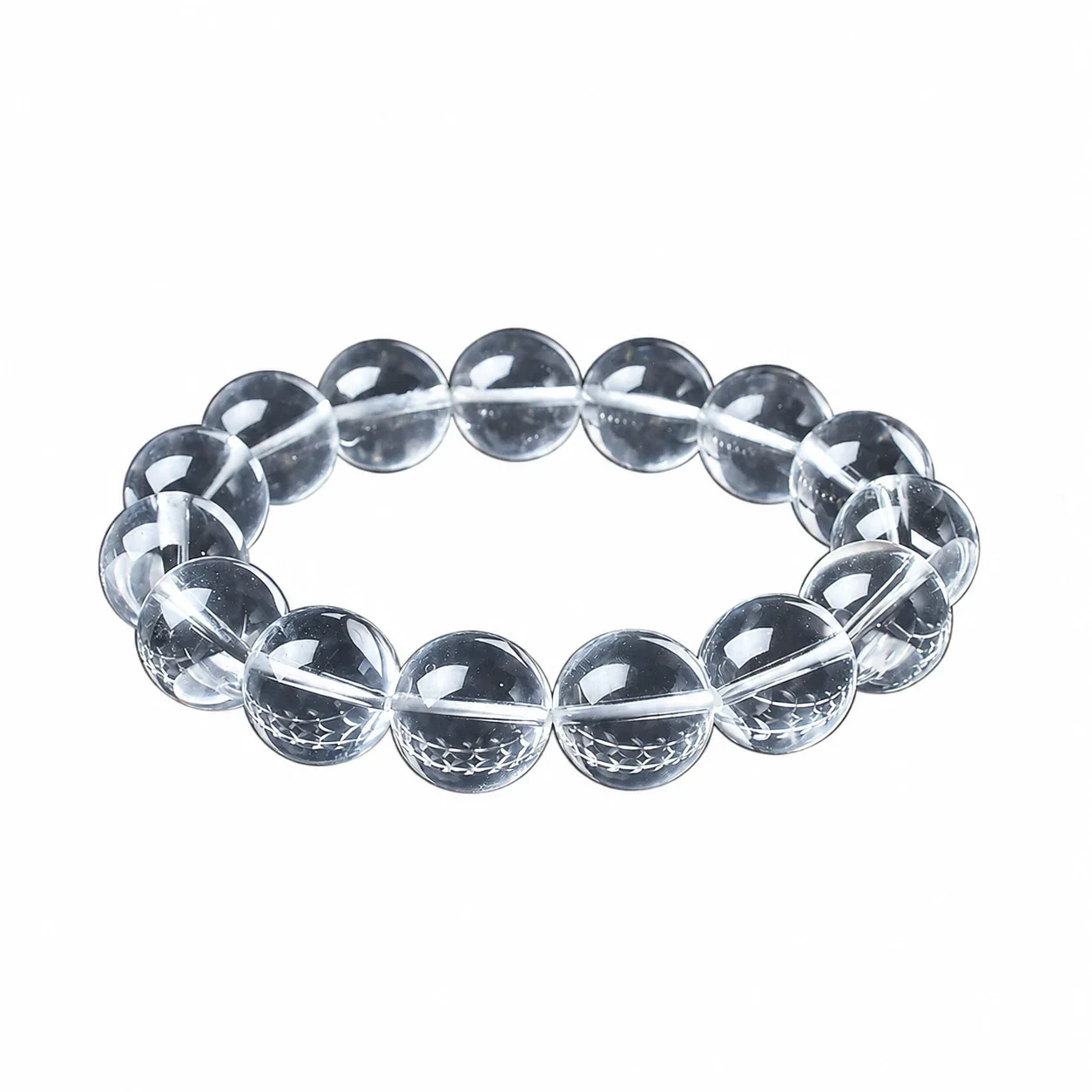 Polished Clear Round-Bead Crystal Stretch Bracelet - 8A Clear Crystal, 14 mm