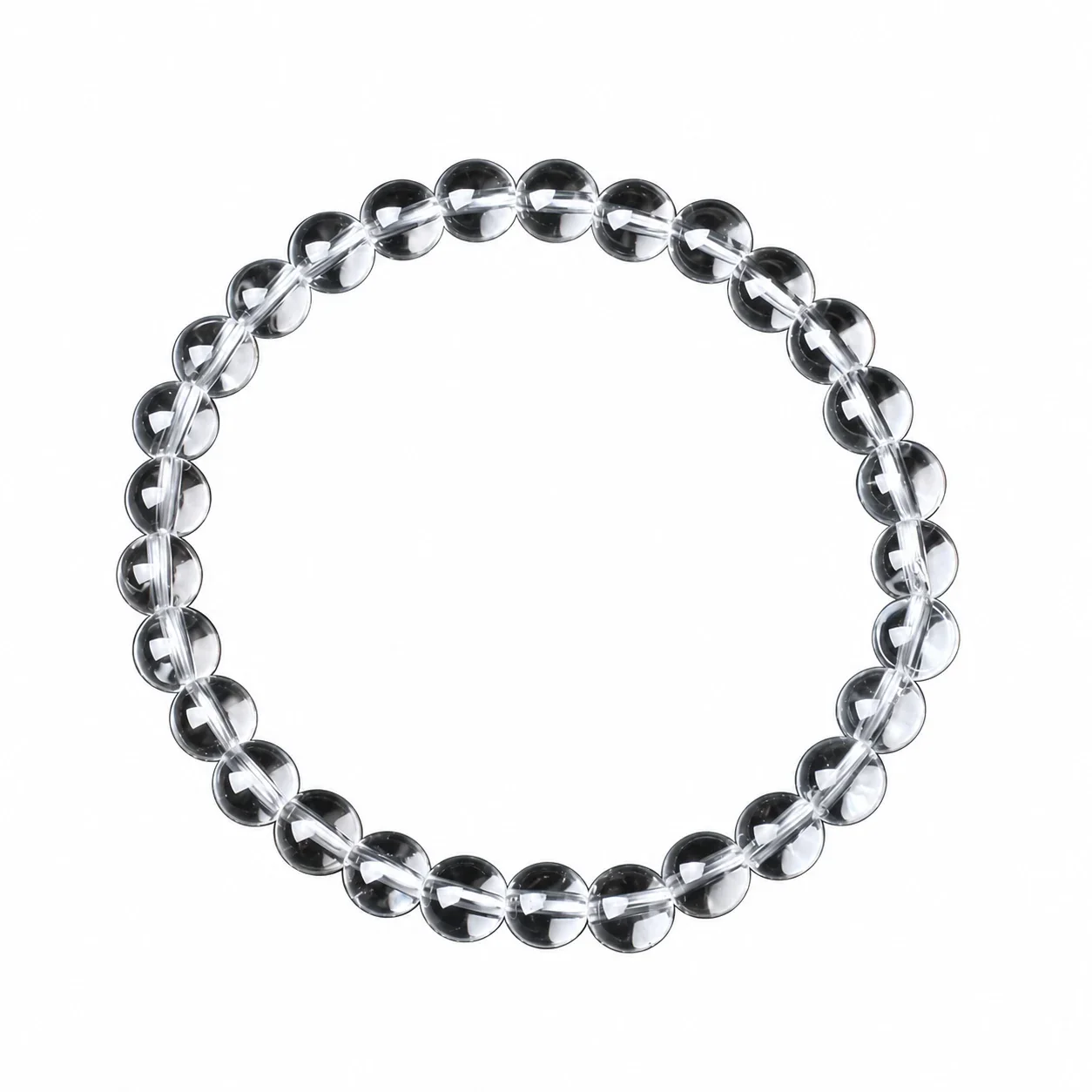 Polished Clear Round-Bead Crystal Stretch Bracelet - 7A Old-Mine Clear Crystal, 6 mm