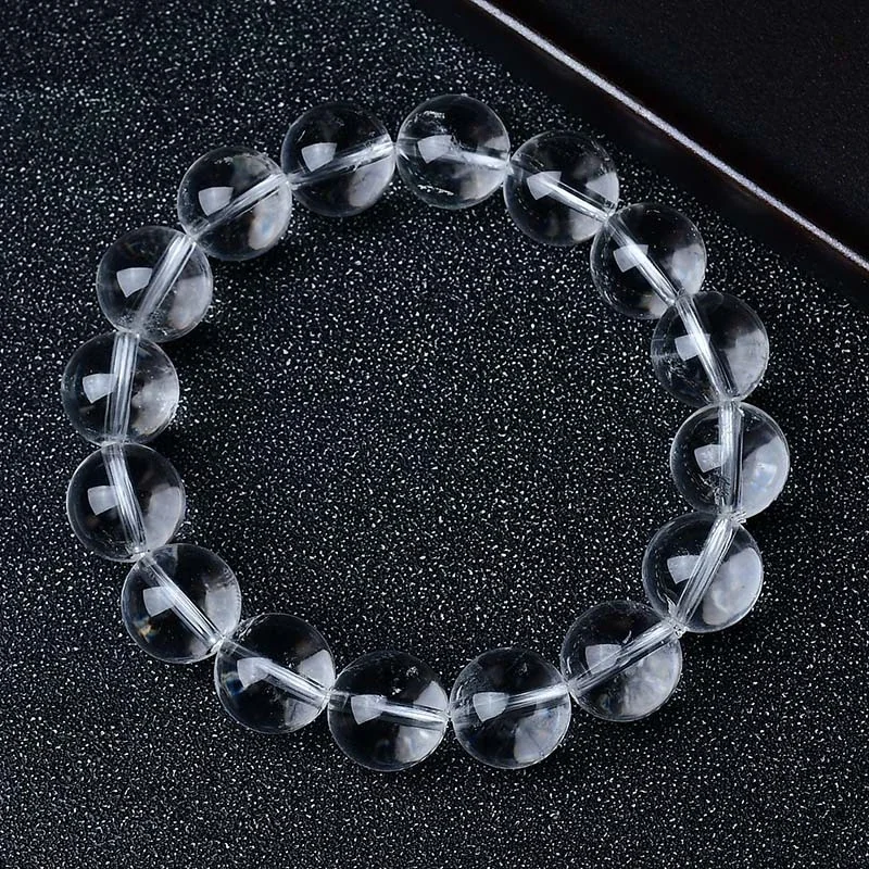 Polished Clear Round-Bead Crystal Stretch Bracelet - 7A Old-Mine Clear Crystal, 12 mm