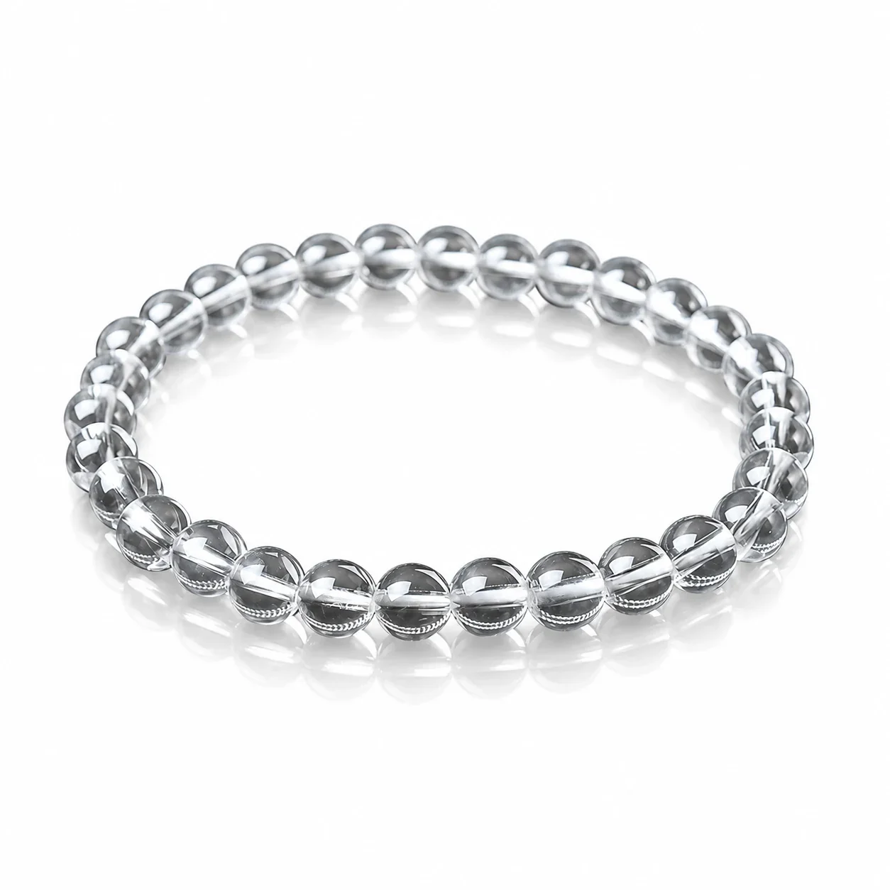 Polished Clear Round-Bead Crystal Stretch Bracelet - 8A Clear Crystal, 6 mm