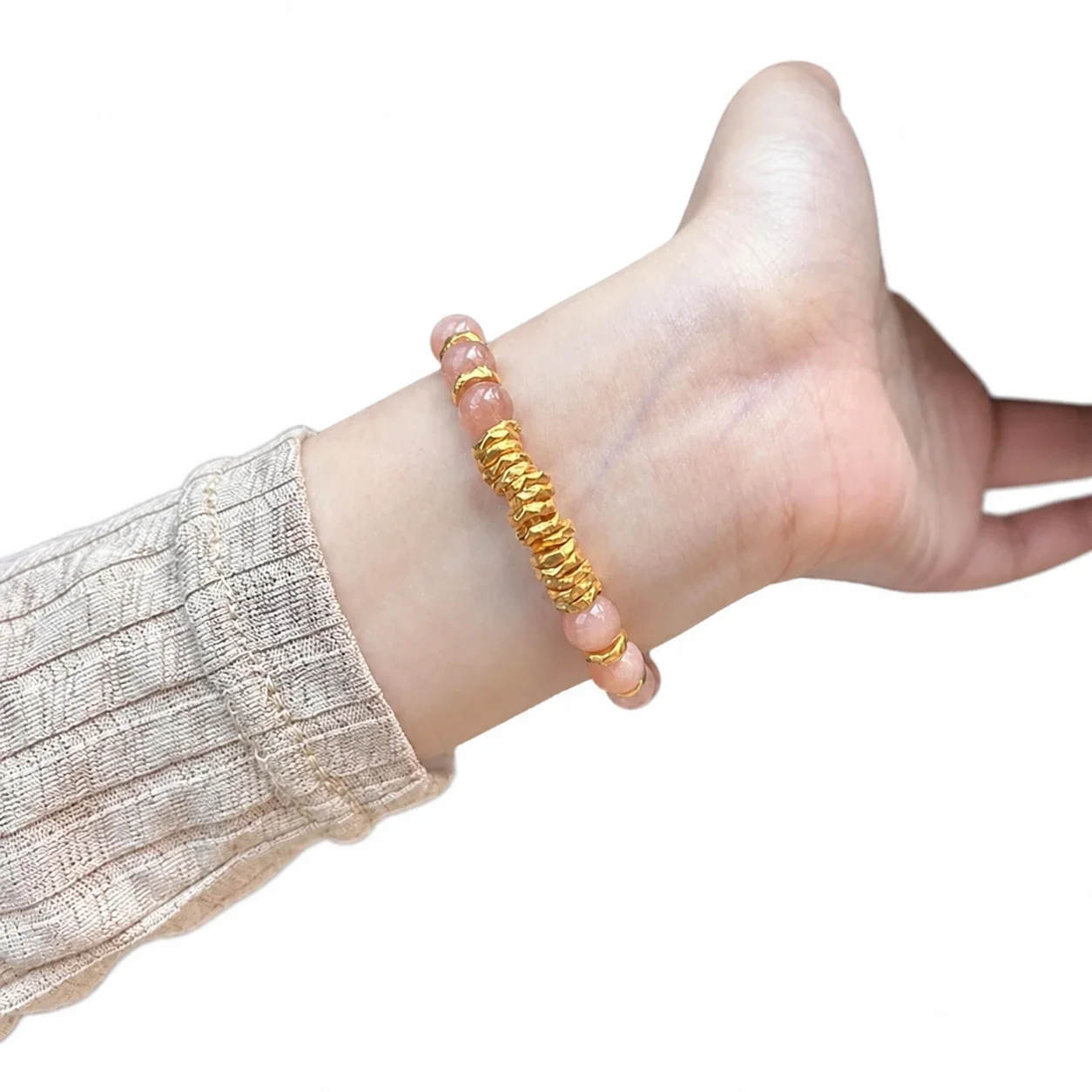 Blush Round Bead Fluted Gold-Plated Copper Bracelet