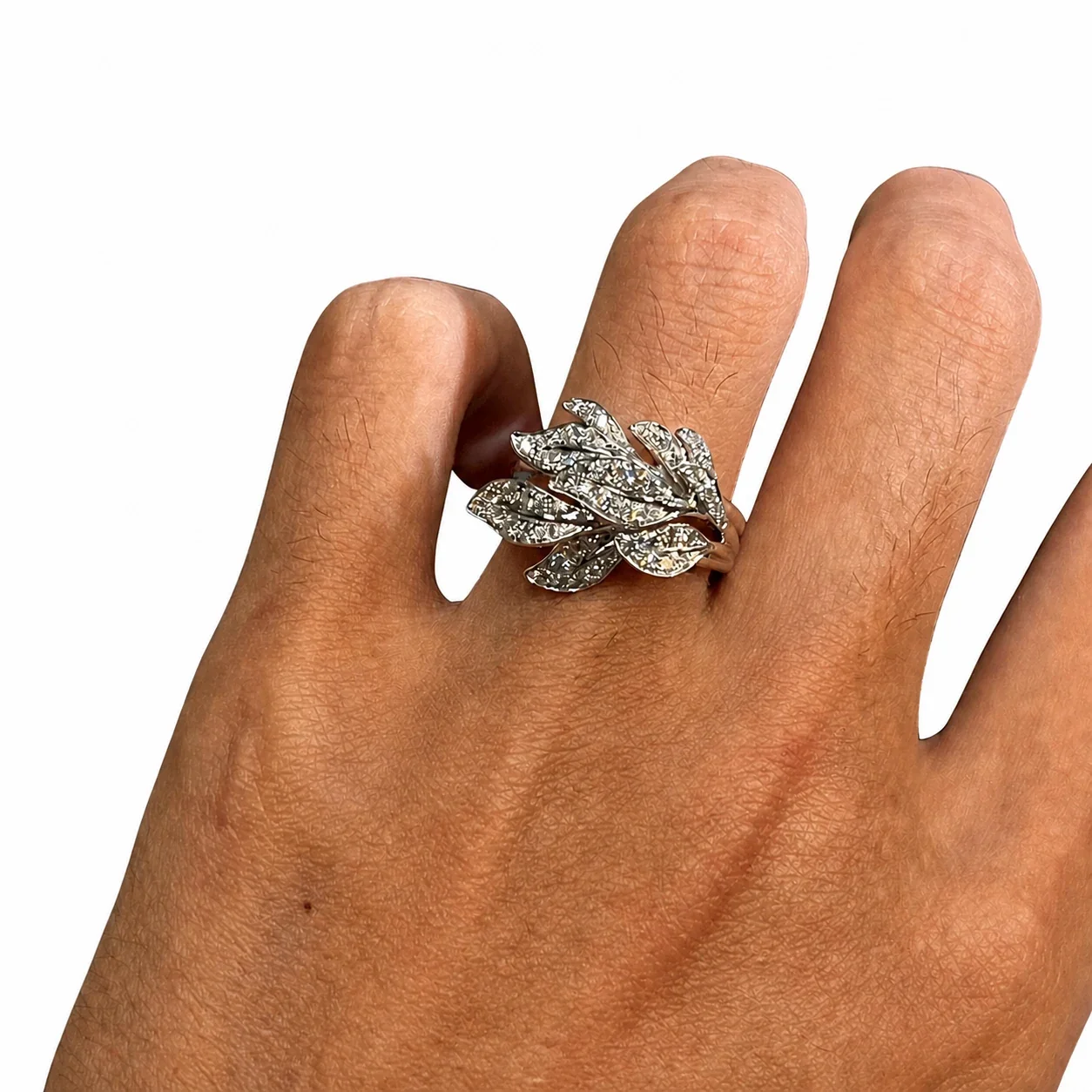 Layered Pave Leaf Silver-Plated Copper Open Ring