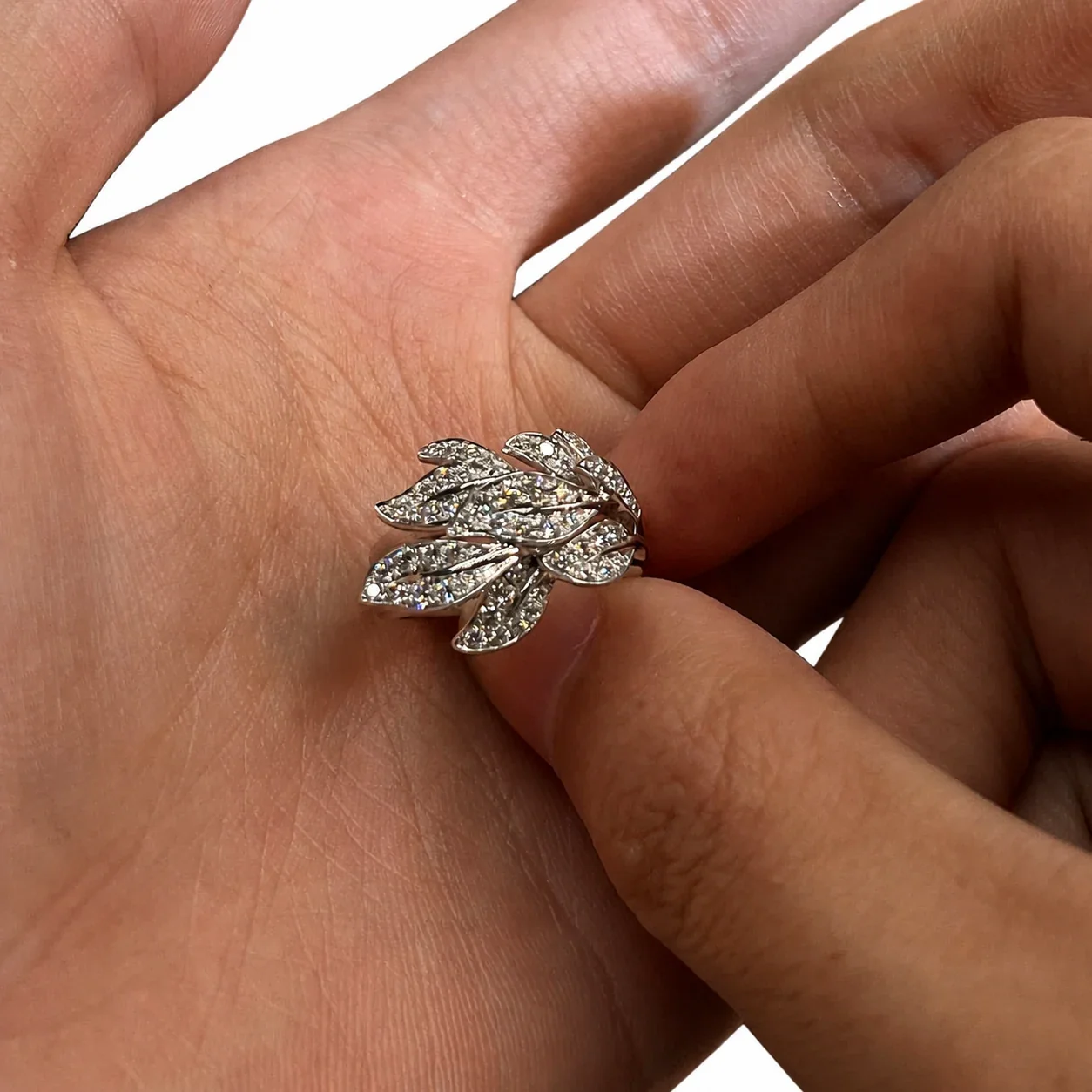 Layered Pave Leaf Silver-Plated Copper Open Ring
