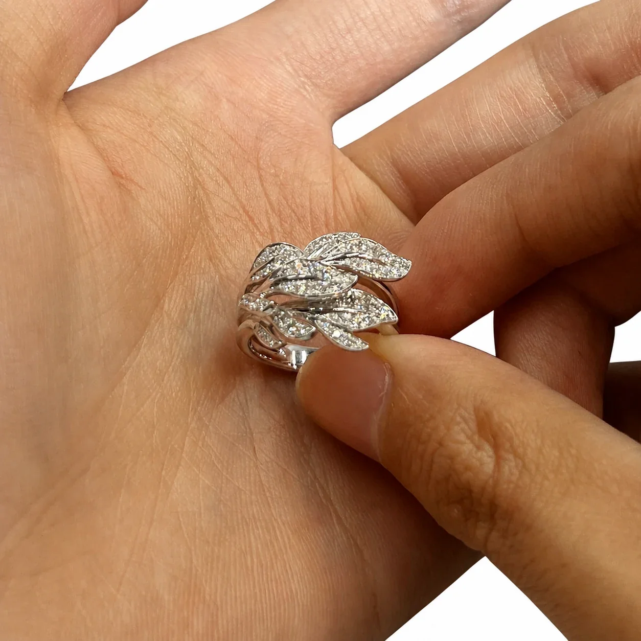 Layered Pave Leaf Silver-Plated Copper Open Ring
