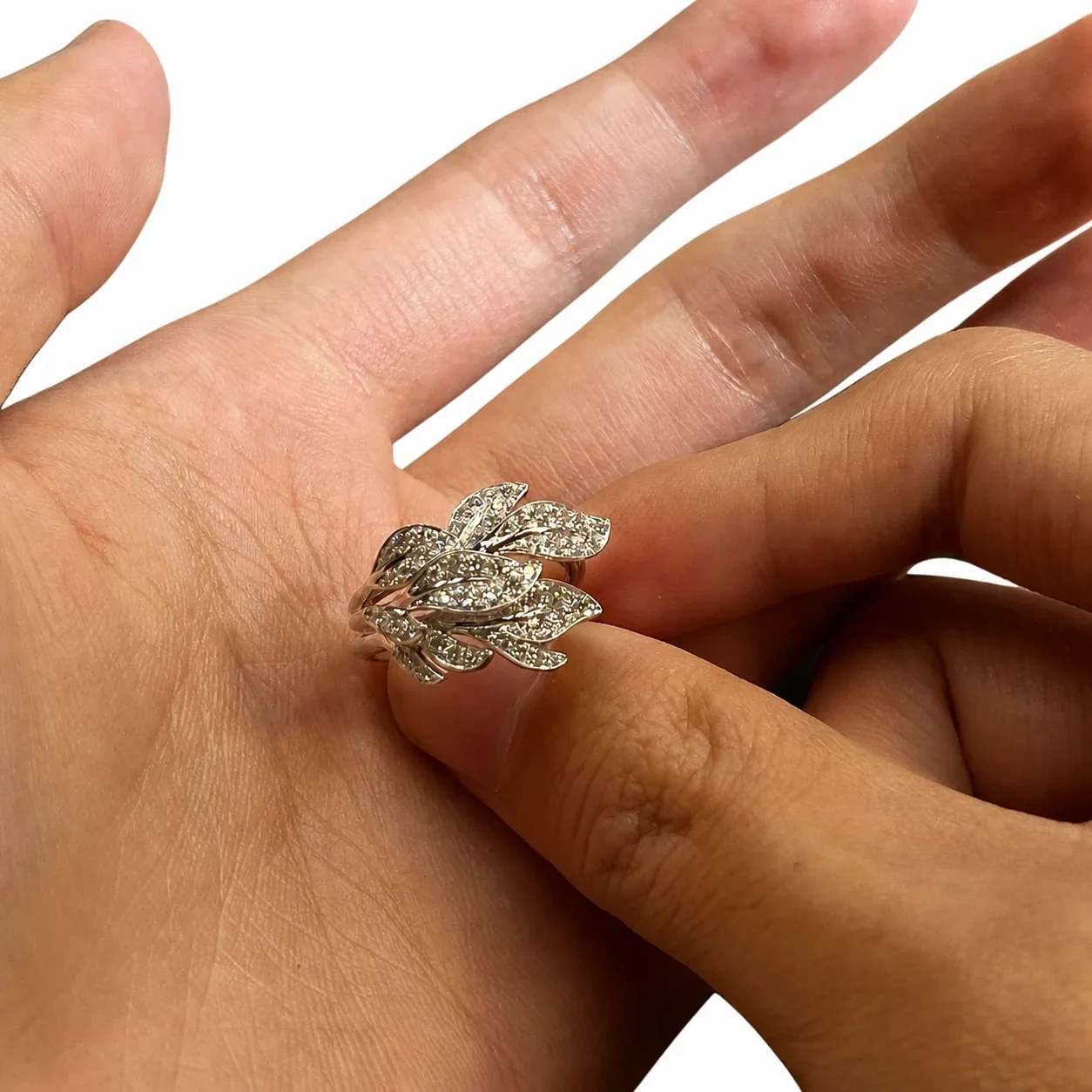 Layered Pave Leaf Silver-Plated Copper Open Ring