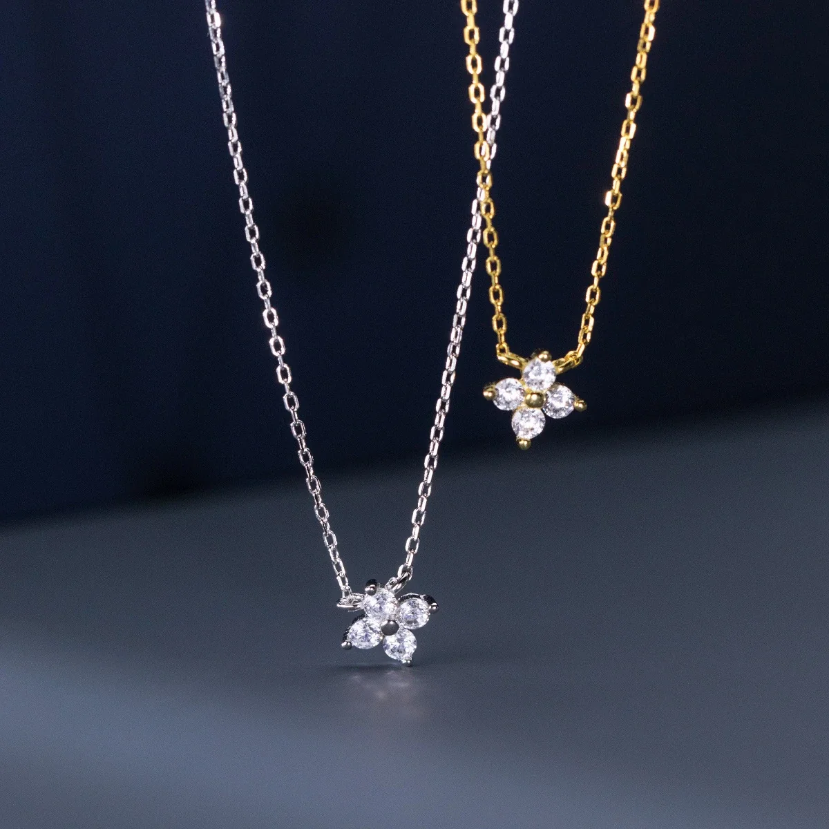 Delicate 925 Sterling Silver Four-Stone Flower Pendant Necklace