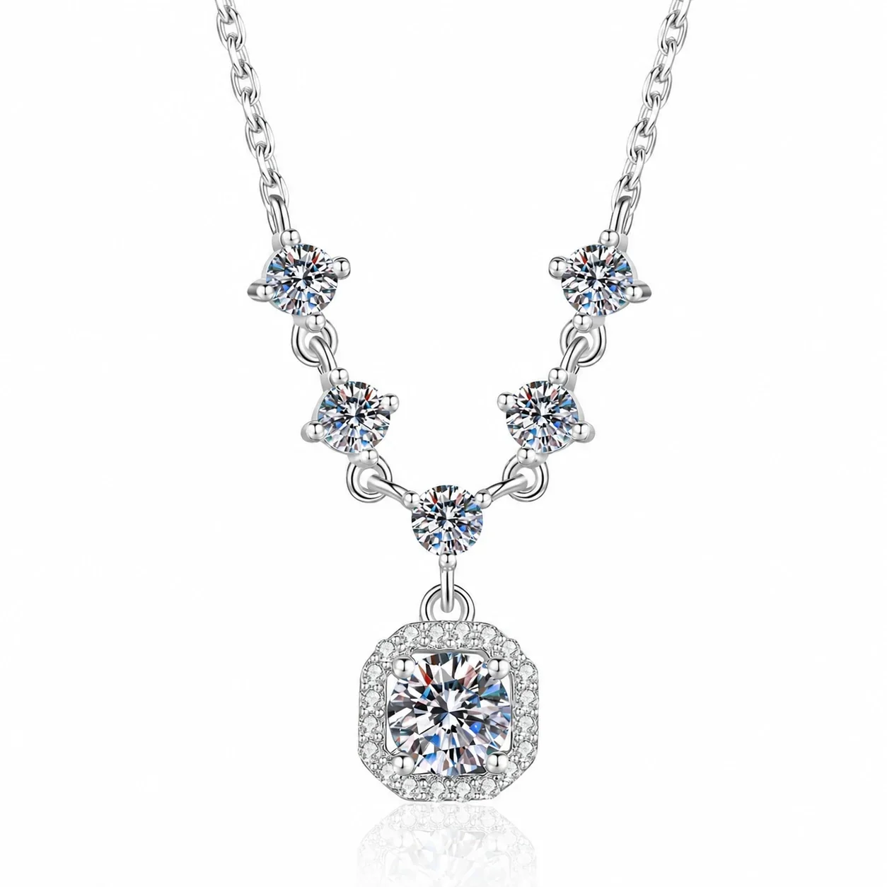 Radiant Five-Stone Halo 925 Sterling Silver Necklace - Moissanite . ct Main Stone + . ct Accent Stones
