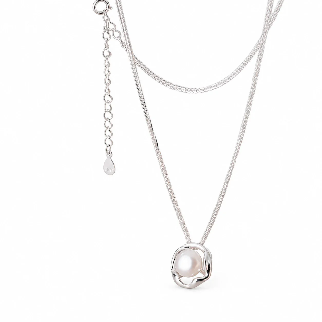 Sculptural 925 Sterling Silver Pearl Halo Pendant Necklace