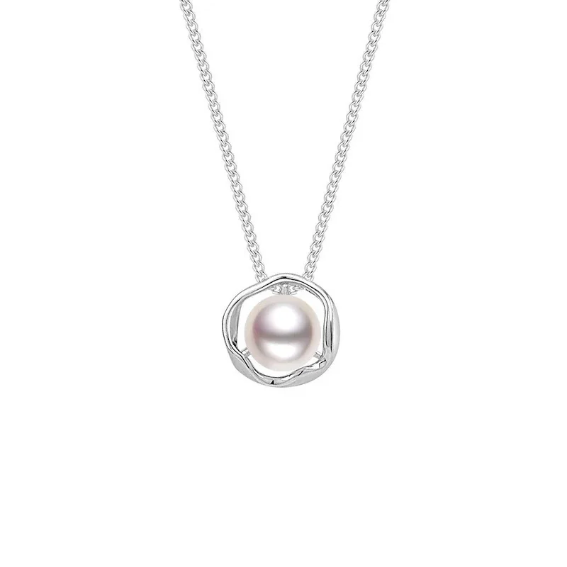 Sculptural 925 Sterling Silver Pearl Halo Pendant Necklace - Silver