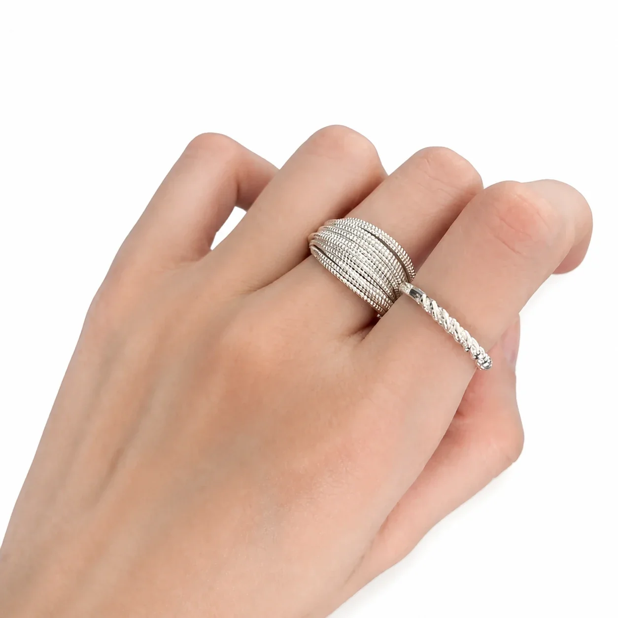 Sculptural Copper Multi-Line Ribbed Open-Front Ring - Silver