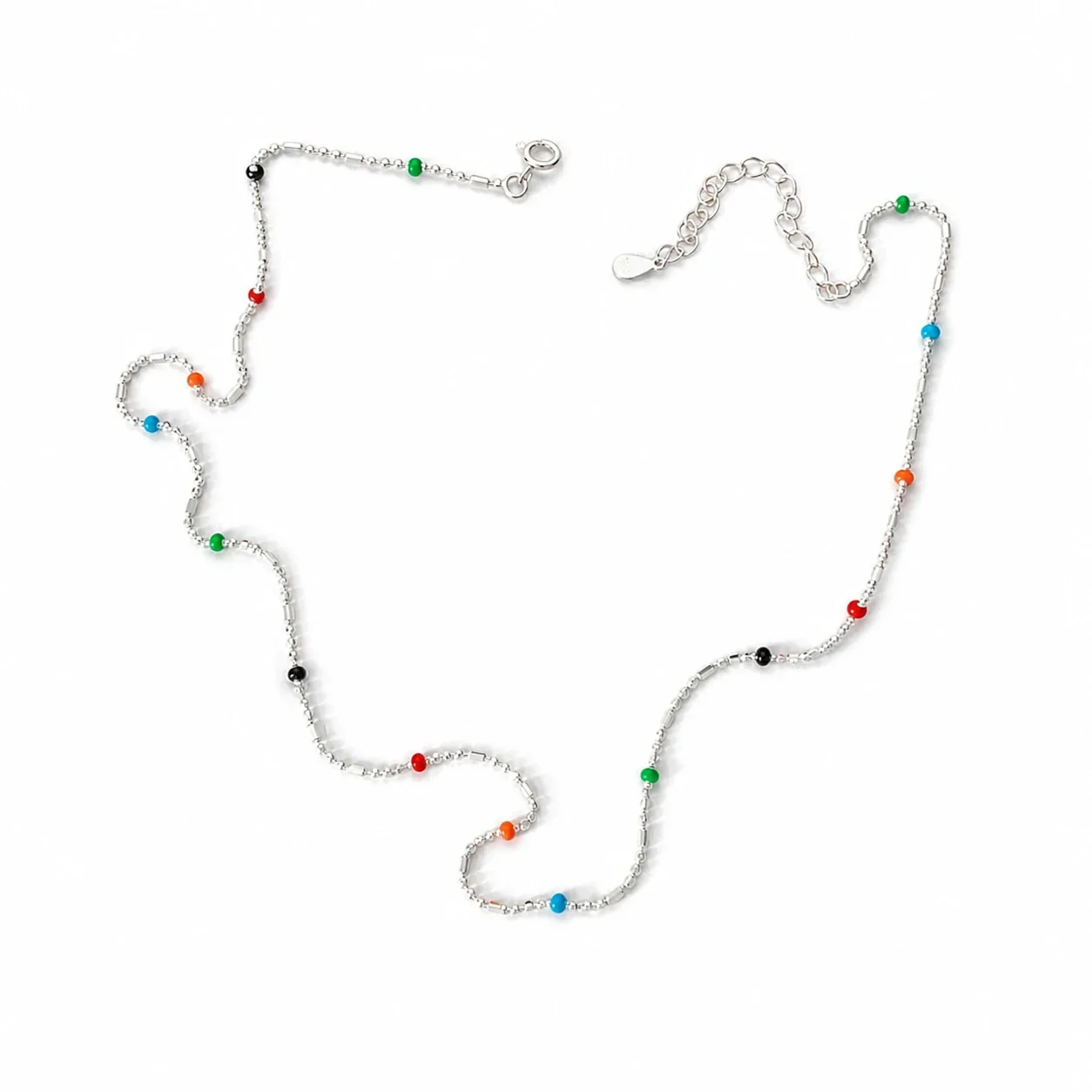 Delicate 925 Sterling Silver Bead Chain Rainbow Dot Necklace