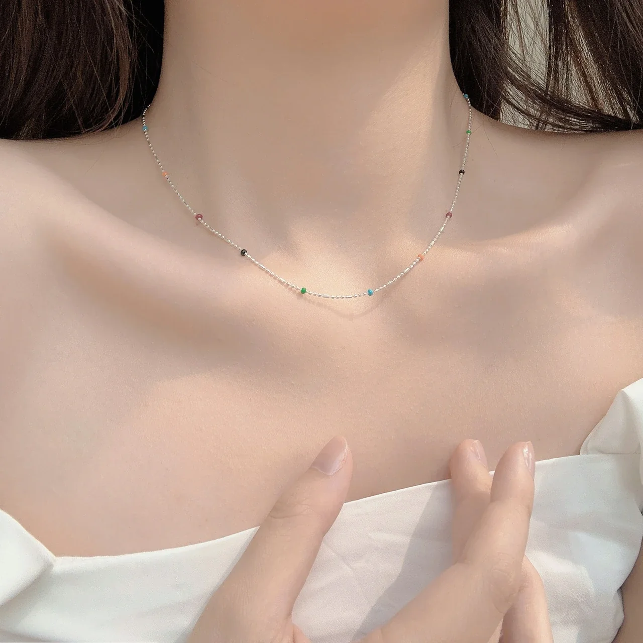 Delicate 925 Sterling Silver Bead Chain Rainbow Dot Necklace