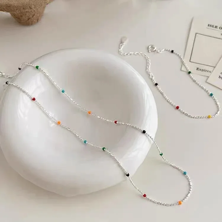Delicate 925 Sterling Silver Bead Chain Rainbow Dot Necklace