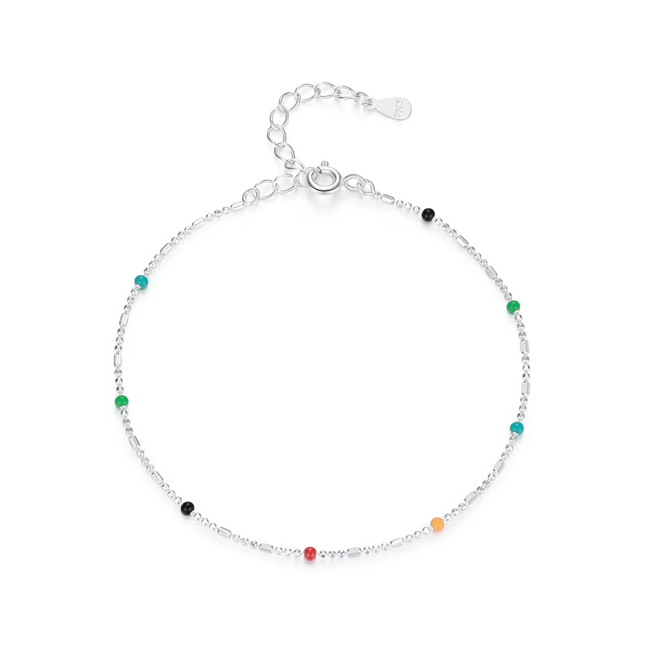 Delicate 925 Sterling Silver Bead Chain Rainbow Dot Necklace