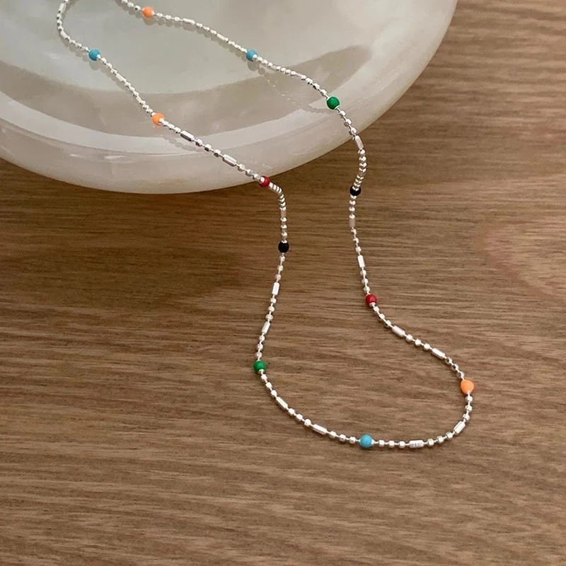 Delicate 925 Sterling Silver Bead Chain Rainbow Dot Necklace - Necklace