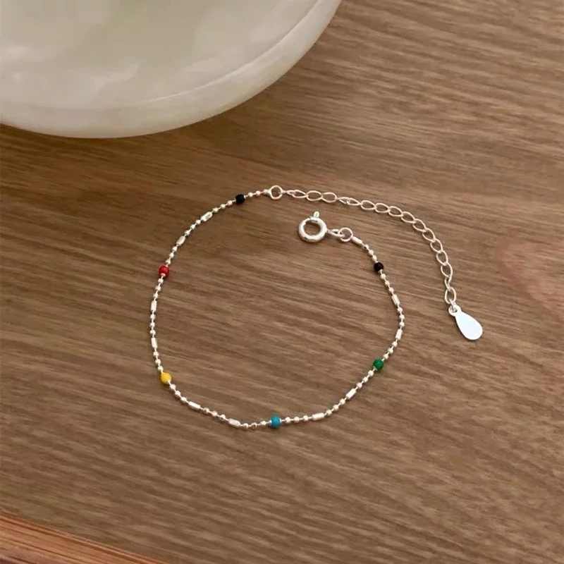 Delicate 925 Sterling Silver Bead Chain Rainbow Dot Necklace - Bracelet