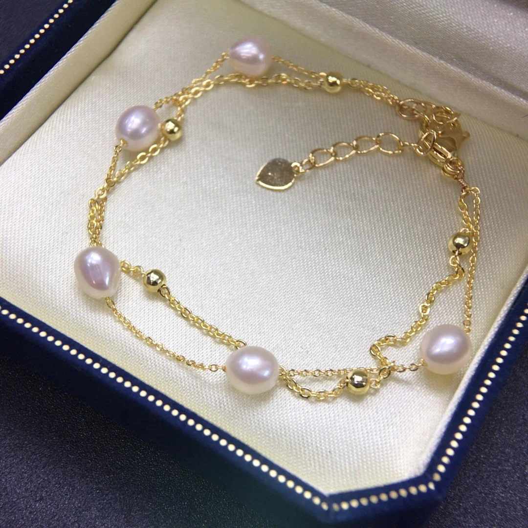 Delicate Gold-Plated Double-Chain Freshwater Pearl Bracelet