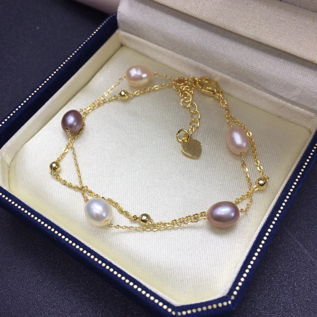 Delicate Gold-Plated Double-Chain Freshwater Pearl Bracelet
