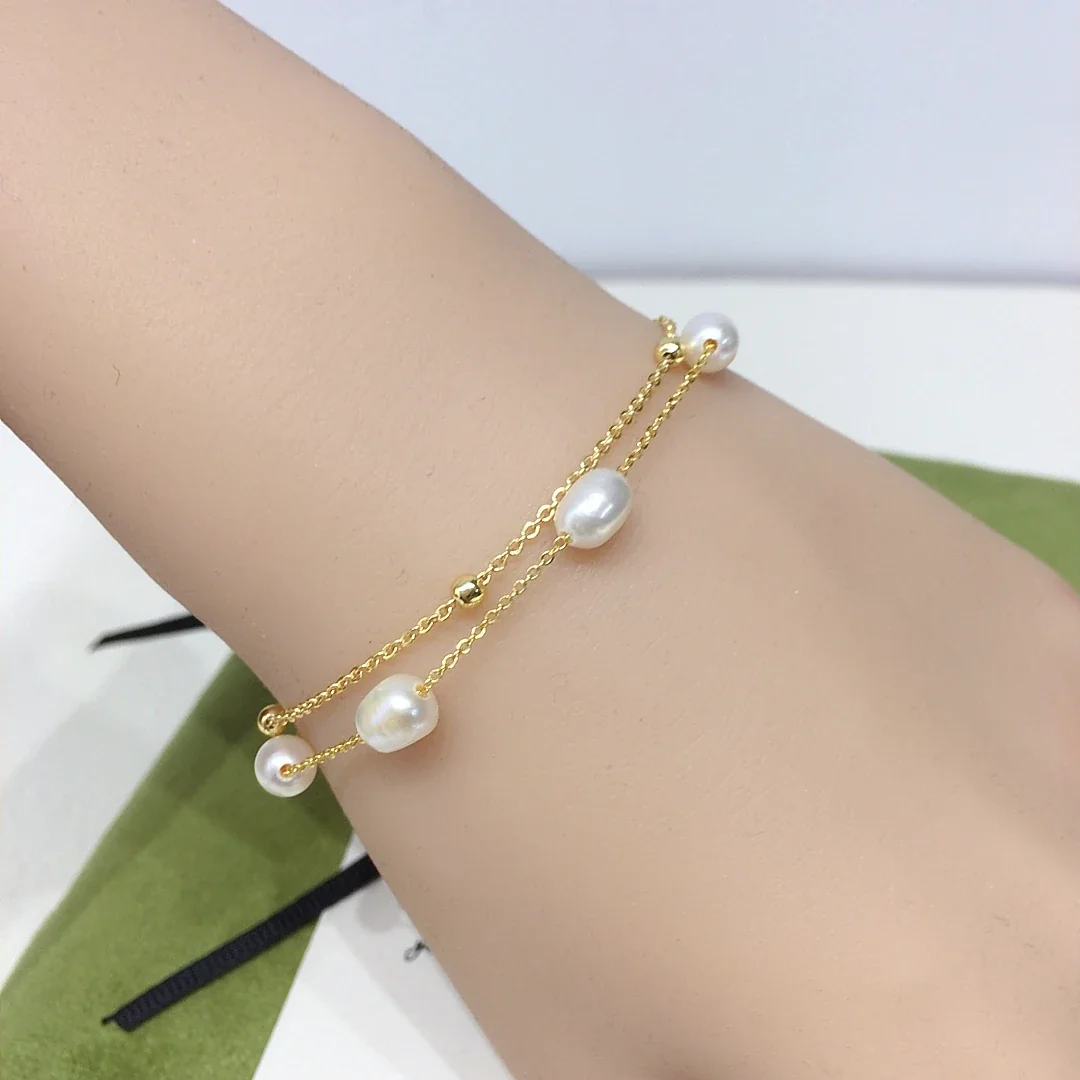 Delicate Gold-Plated Double-Chain Freshwater Pearl Bracelet