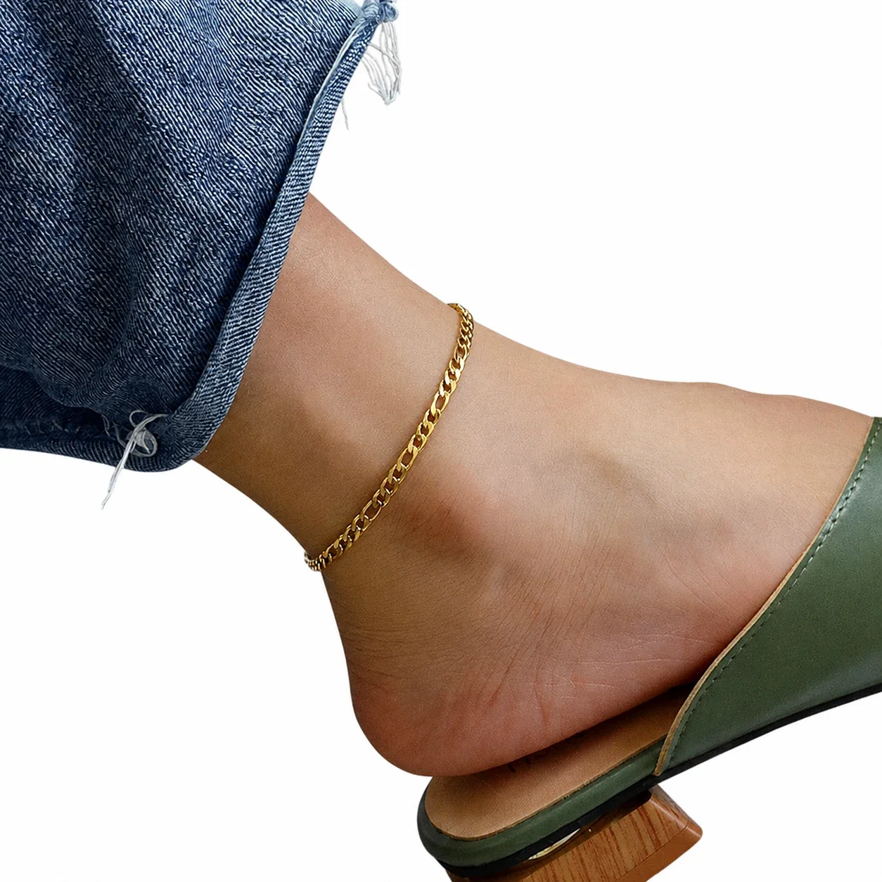 Polished Figaro Link Lobster Clasp Stainless Steel Anklet - Gold