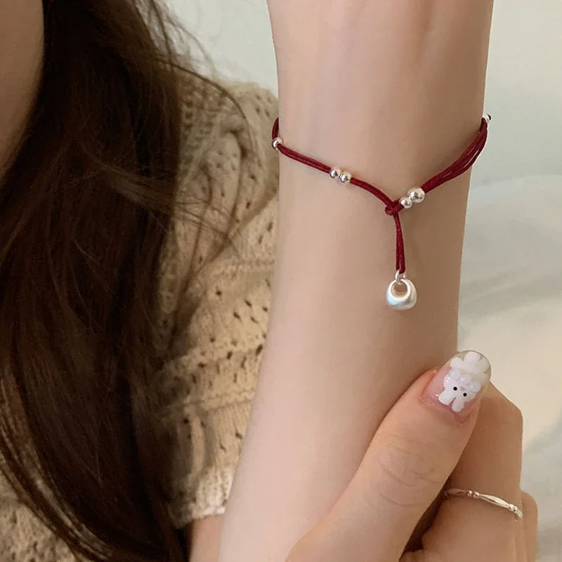 Delicate Red Cord 925 Sterling Silver Bead Charm Bracelet