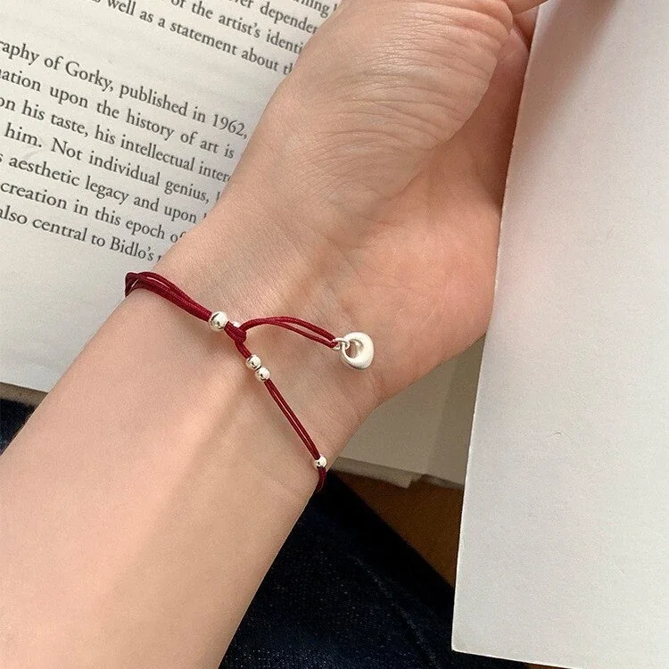 Delicate Red Cord 925 Sterling Silver Bead Charm Bracelet