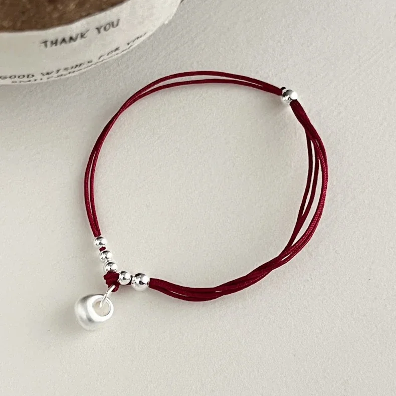 Delicate Red Cord 925 Sterling Silver Bead Charm Bracelet