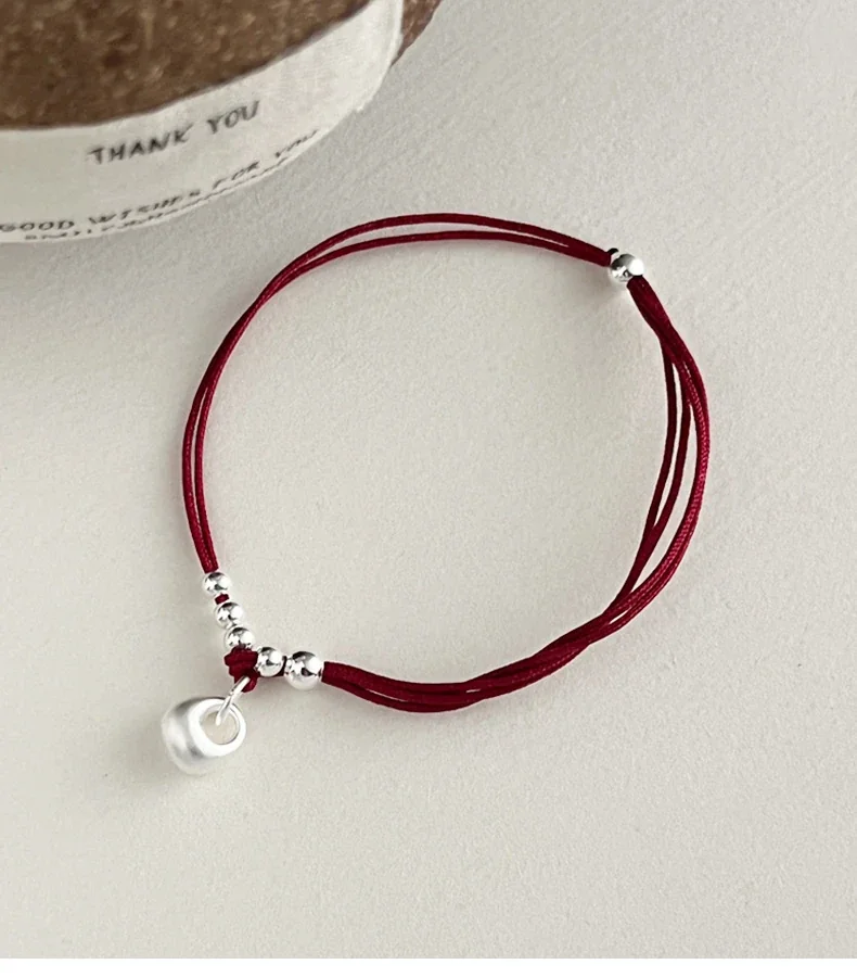 Delicate Red Cord 925 Sterling Silver Bead Charm Bracelet - Silver