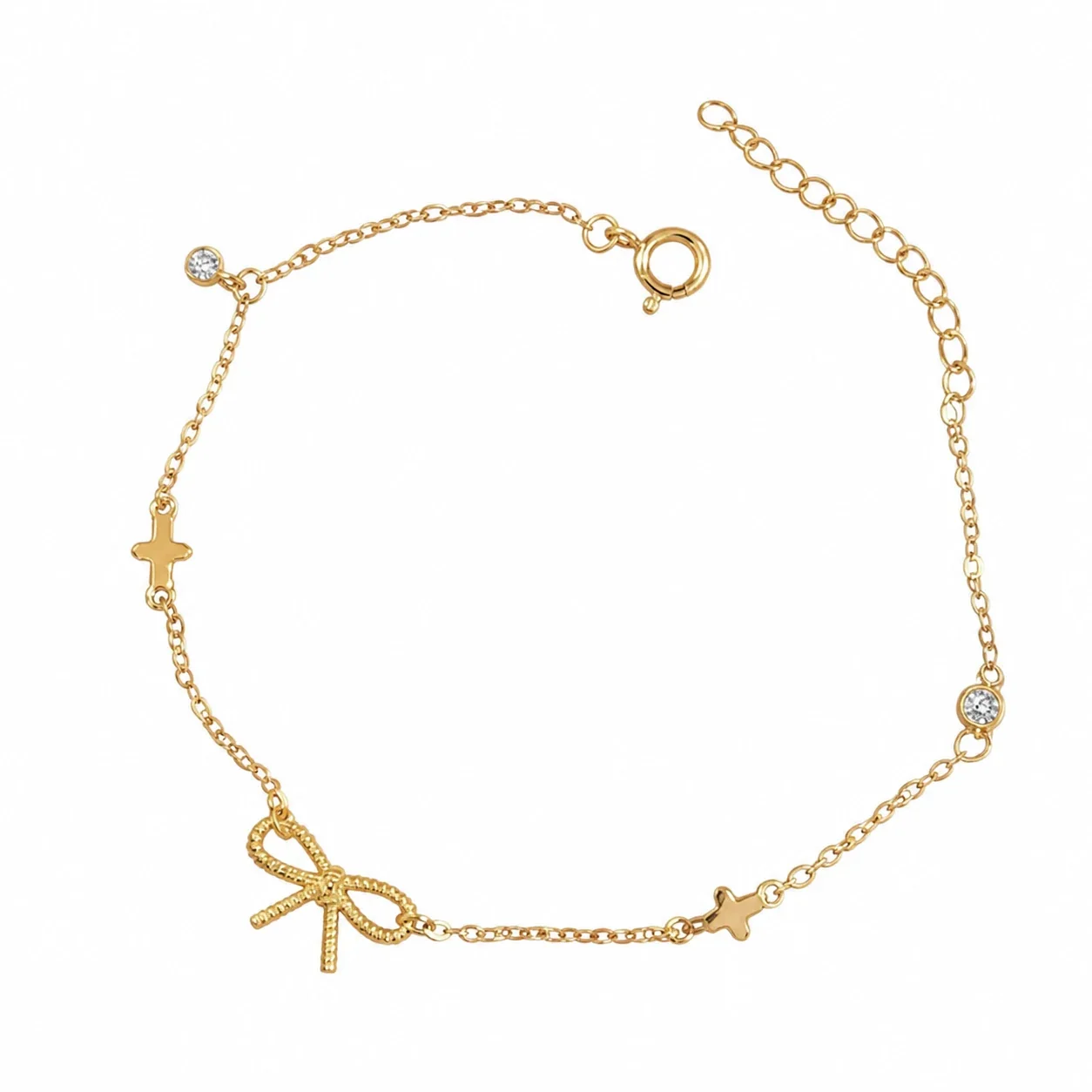 Delicate Bow Cross Bezel Crystal 925 Sterling Silver Bracelet