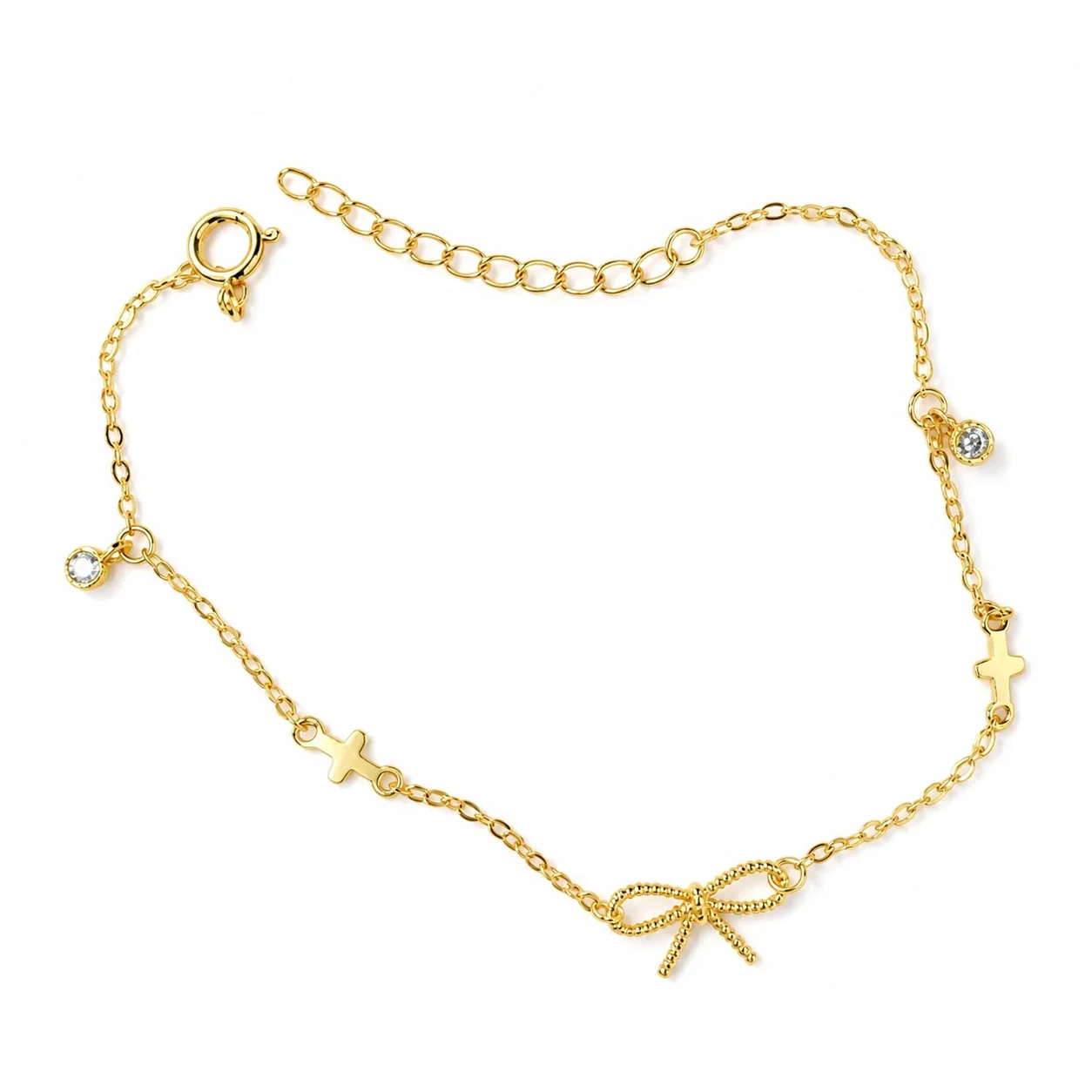 Delicate Bow Cross Bezel Crystal 925 Sterling Silver Bracelet