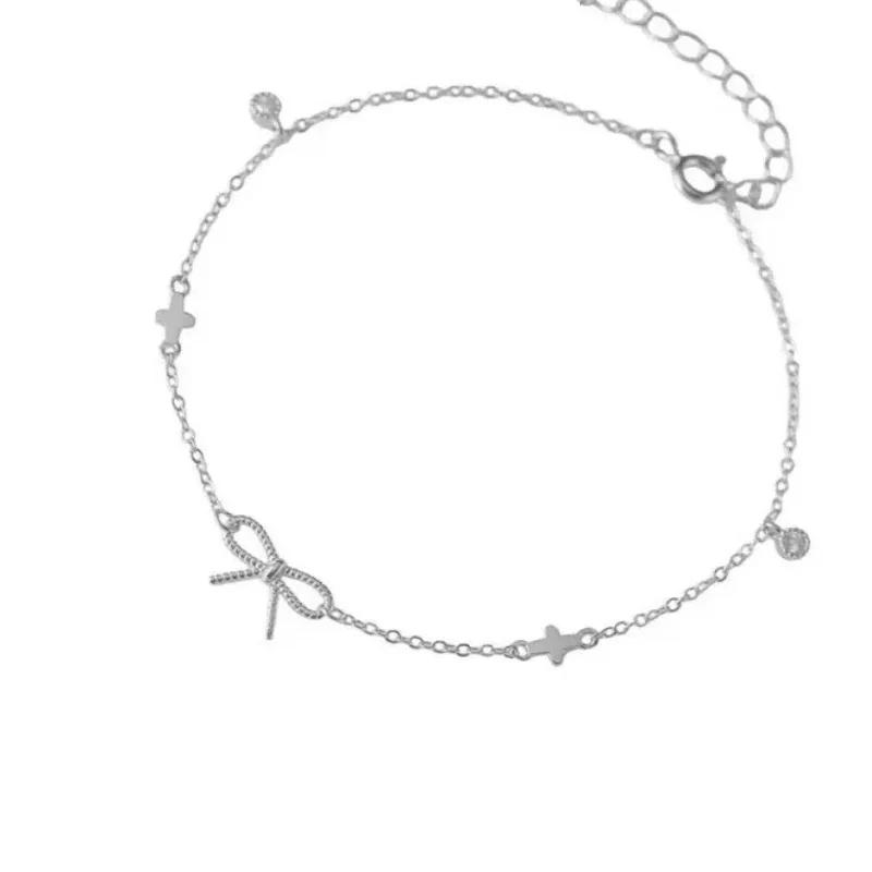 Delicate Bow Cross Bezel Crystal 925 Sterling Silver Bracelet