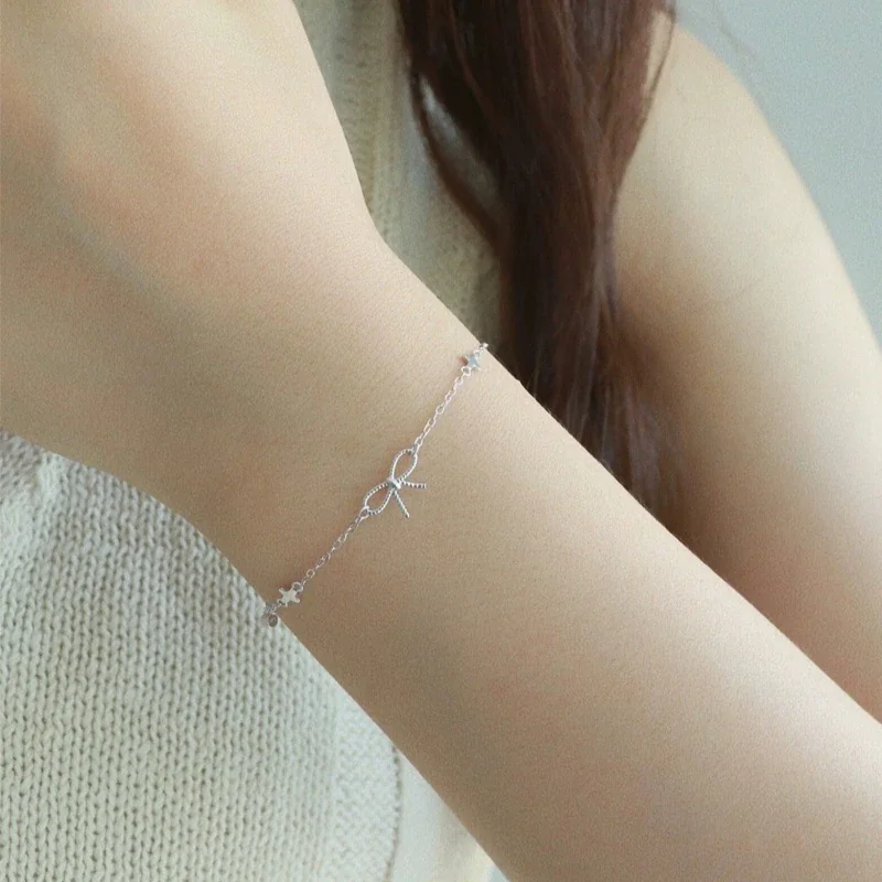 Delicate Bow Cross Bezel Crystal 925 Sterling Silver Bracelet - Silver