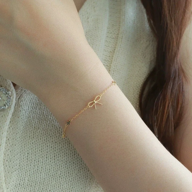 Delicate Bow Cross Bezel Crystal 925 Sterling Silver Bracelet - Gold