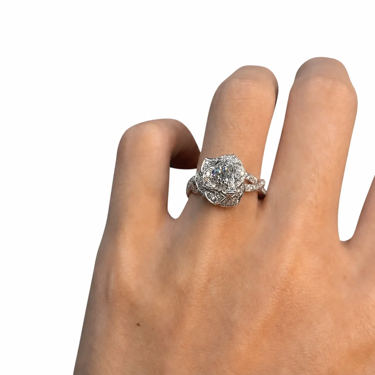 Sculptural Silver-Plated Rose Pavé Split-Shank Copper Ring