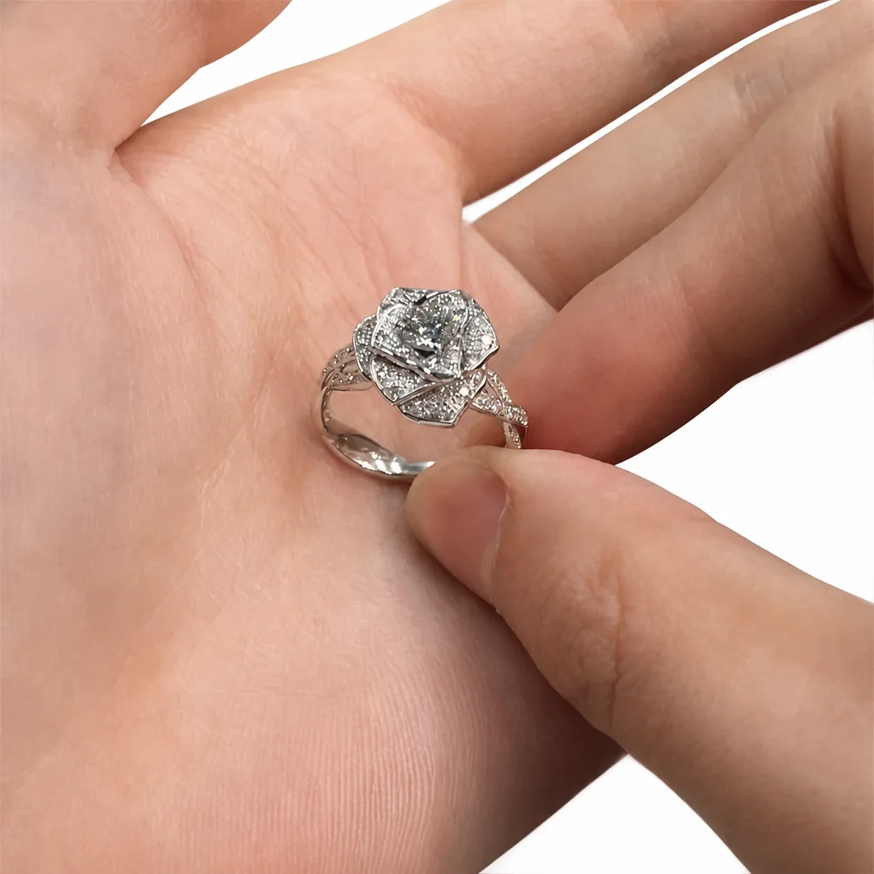 Sculptural Silver-Plated Rose Pavé Split-Shank Copper Ring