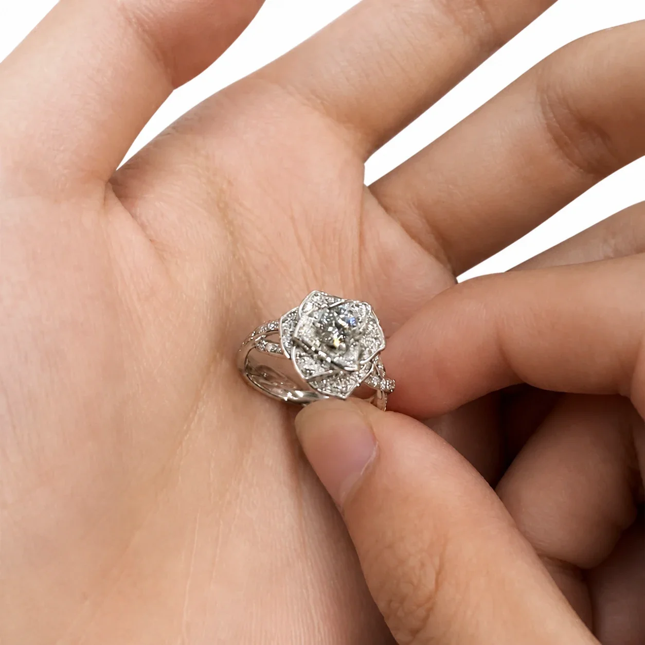 Sculptural Silver-Plated Rose Pavé Split-Shank Copper Ring