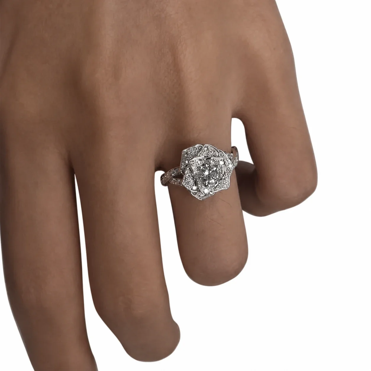 Sculptural Silver-Plated Rose Pavé Split-Shank Copper Ring
