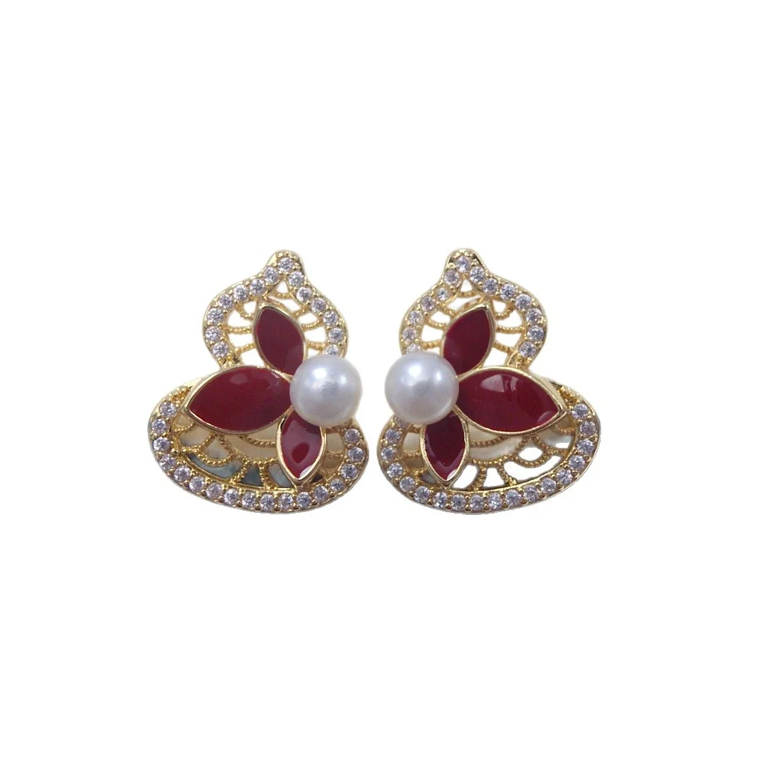 Ornate Gold-Plated Filigree Red Petal Freshwater Pearl Stud Earrings